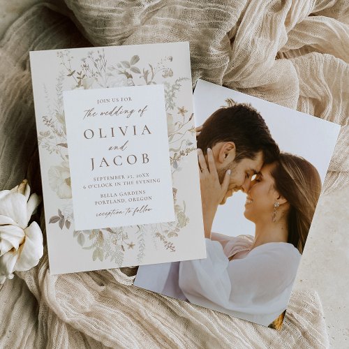 Elegant Vintage Floral Cream Photo Wedding Invitation