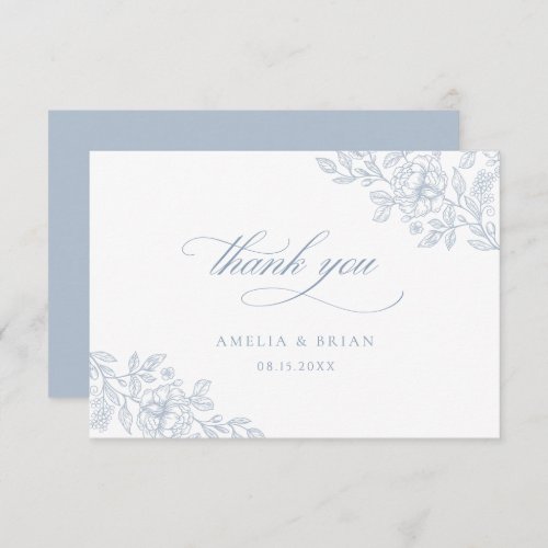 Elegant Vintage Floral Dusty Blue Script Wedding Thank You Card