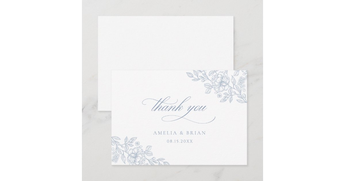 Elegant Vintage Floral Dusty Blue Script Wedding Thank You Card | Zazzle