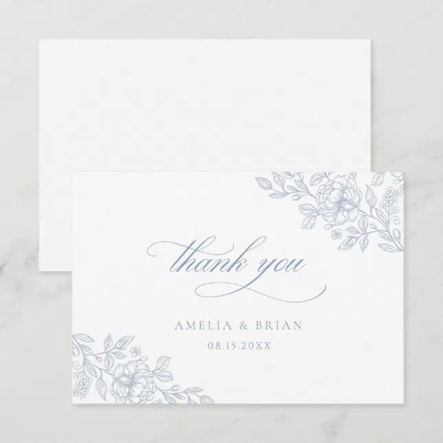 Elegant Vintage Floral Dusty Blue Script Wedding Thank You Card | Zazzle