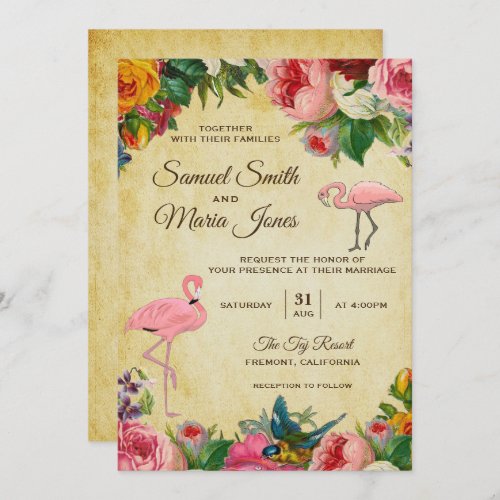 Elegant Vintage Floral Flamingo Wedding Invitation