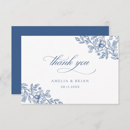 Elegant Vintage Floral French Blue Script Wedding Thank You Card