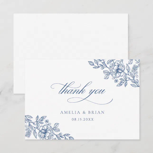 Elegant Vintage Floral French Blue Script Wedding Thank You Card | Zazzle