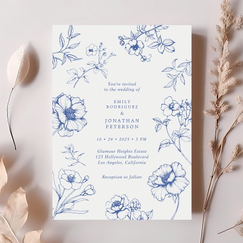 Elegant Vintage Floral French Blue Wedding Invitation