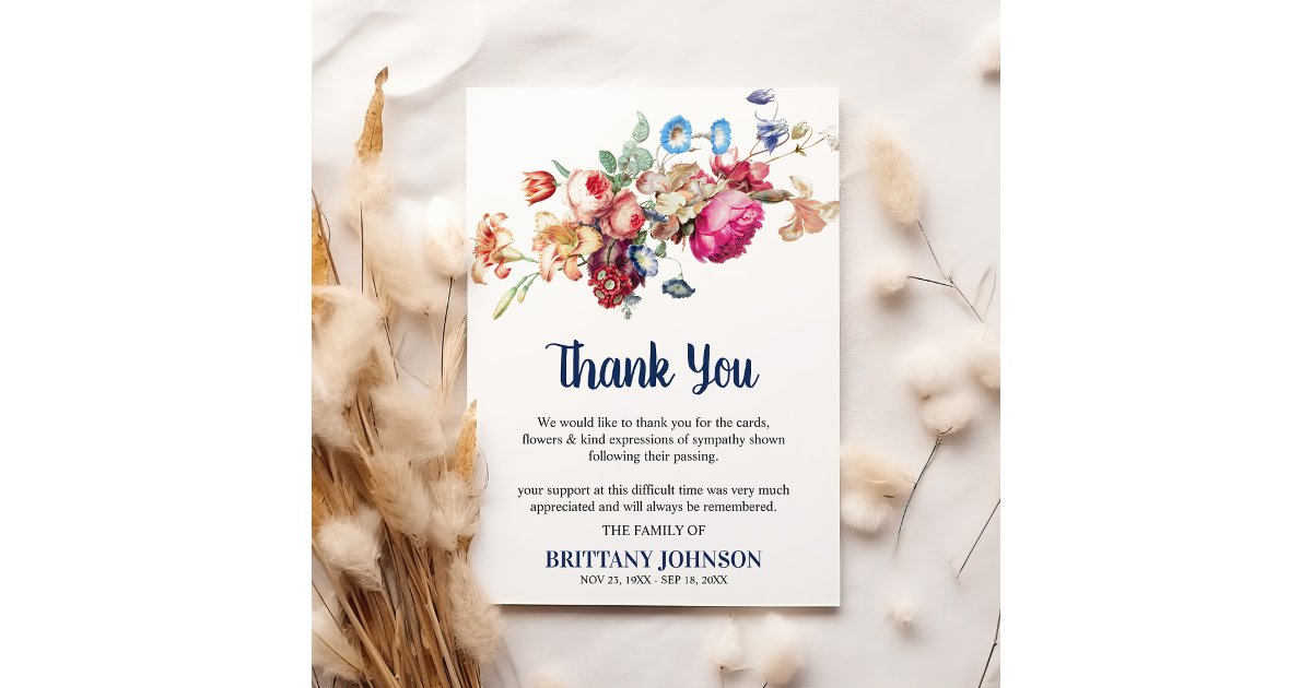 Elegant Vintage Floral Funeral | Sympathy Thank You Card | Zazzle