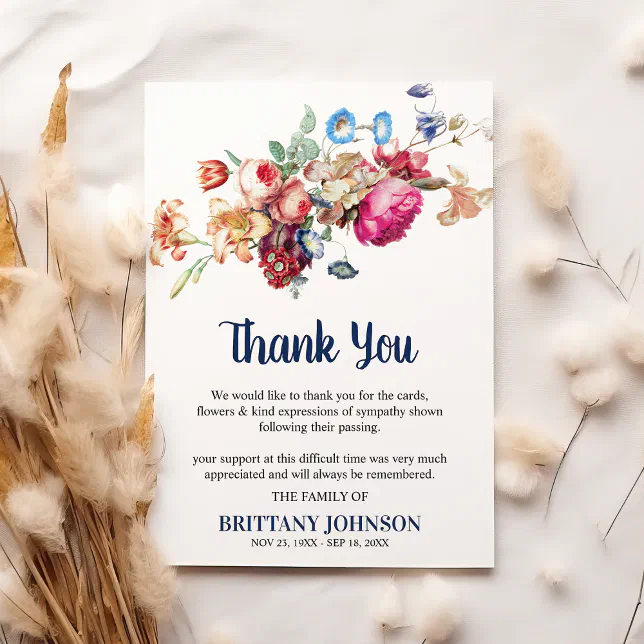 Elegant Vintage Floral Funeral | Sympathy Thank You Card | Zazzle