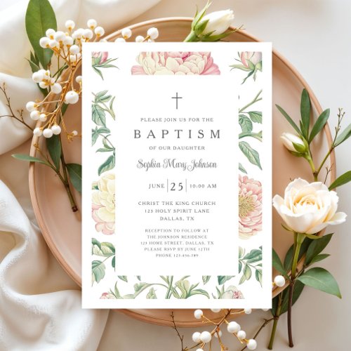 Elegant Vintage Floral Girl Baptism Invitation