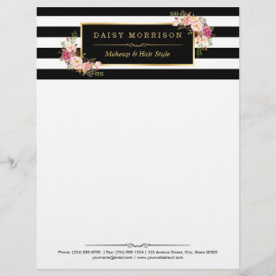 Elegant Vintage Floral Gold Black White Stripes Letterhead