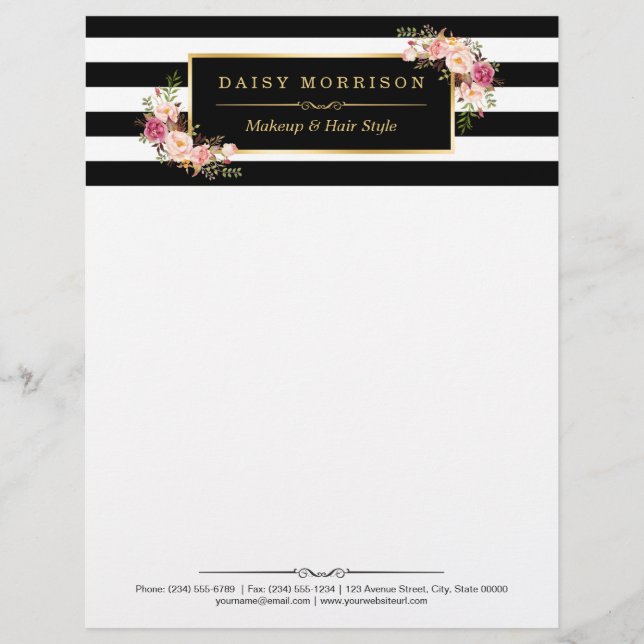 Elegant Vintage Floral Gold Black White Stripes Letterhead (Front)