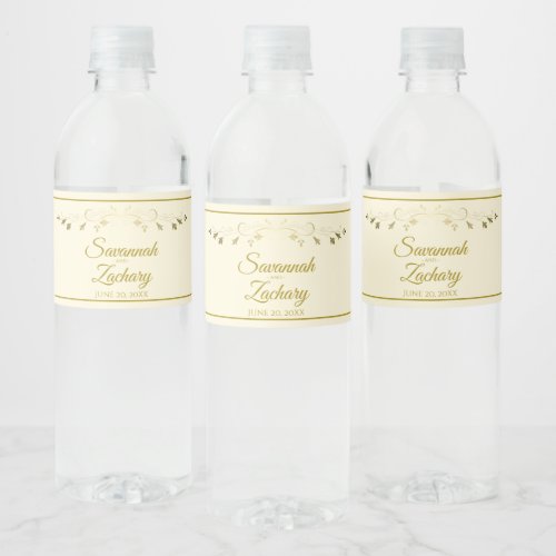 Elegant Vintage Floral Gold Flourish Cream Wedding Water Bottle Label