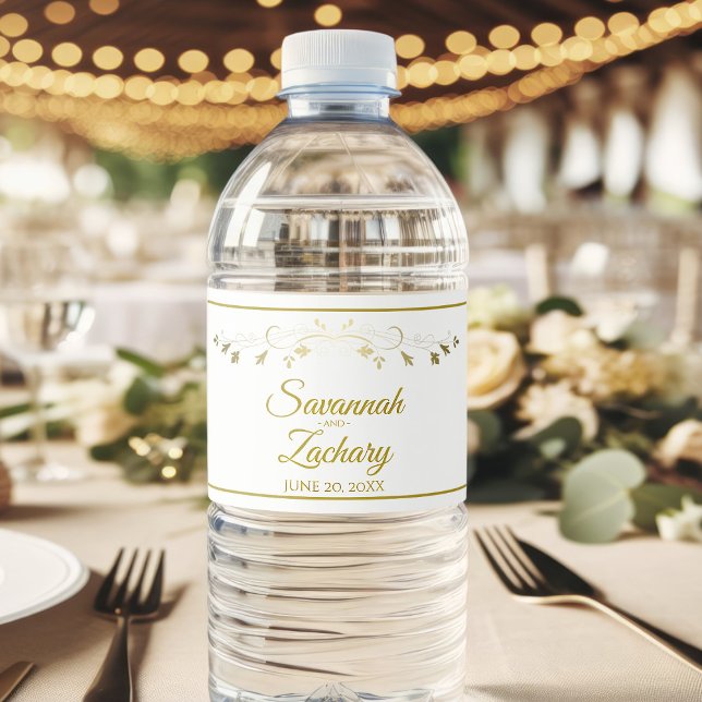 Elegant Vintage Floral Gold Flourish Wedding Water Bottle Label (Creator Uploaded)