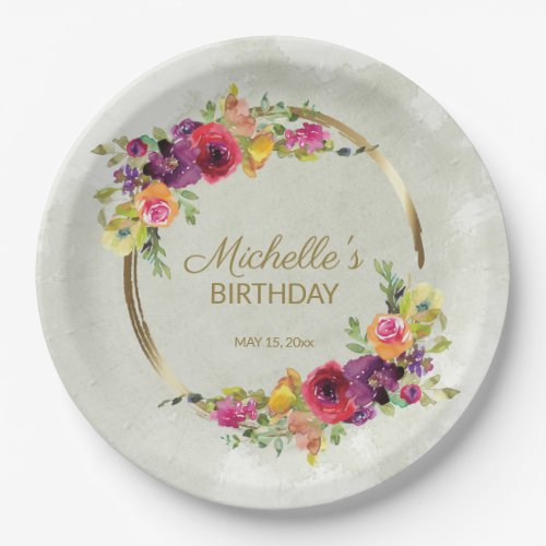 Elegant Vintage Floral Gold Frame Womens Birthday Paper Plates