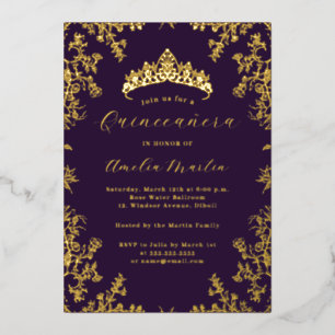 Elegant Vintage Floral Gold Purple Quinceanera Foil Invitation