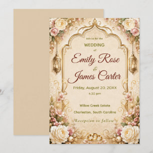 Elegant Vintage Floral & Gold Wedding Invitation