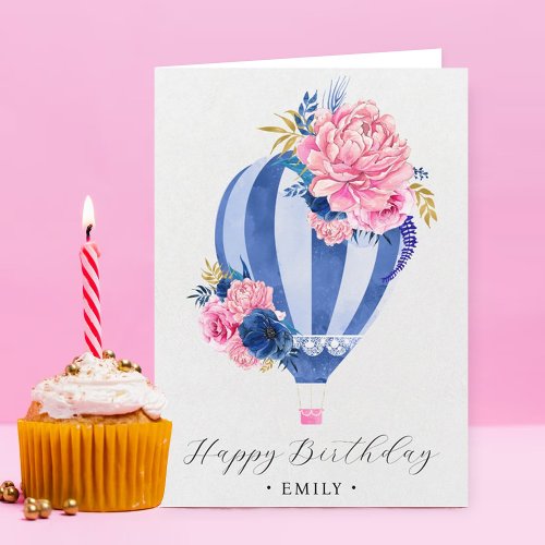 Elegant Vintage Floral Hot Air Balloon Birthday Card