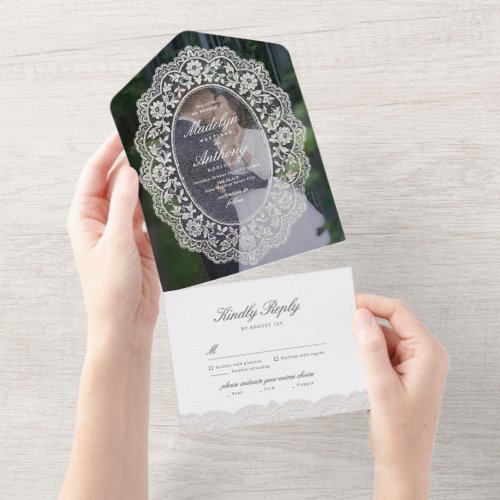 Elegant Vintage Floral Lace Frame Photo Wedding All In One Invitation