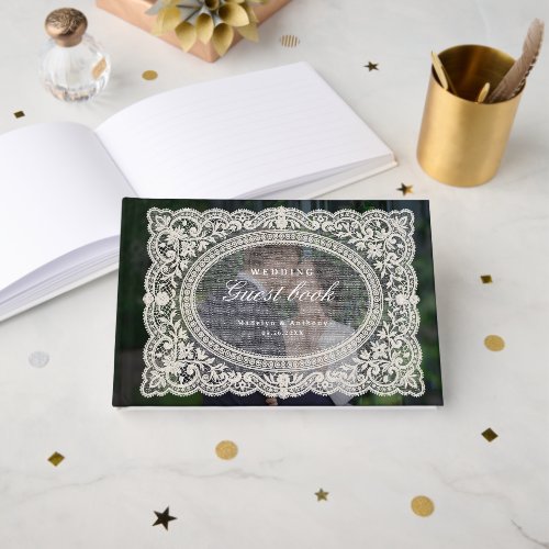 Elegant Vintage Floral Lace Frame Photo Wedding Guest Book