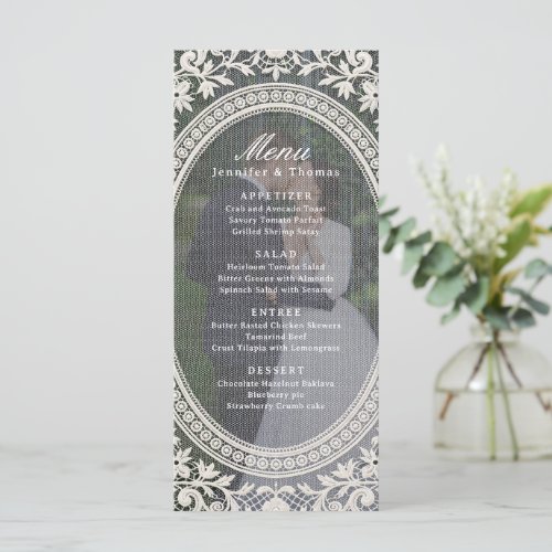 Elegant Vintage Floral Lace Frame Photo Wedding Menu