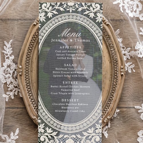 Elegant Vintage Floral Lace Frame Photo Wedding Menu