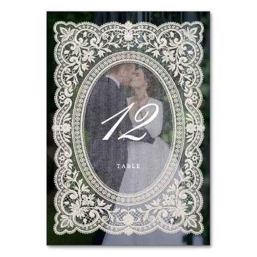 Elegant Vintage Floral Lace Frame Photo Wedding Table Number