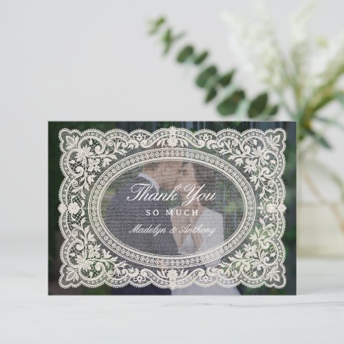 Elegant Vintage Floral Lace Frame Photo Wedding Thank You Card