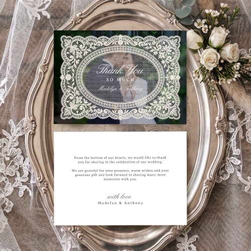 Elegant Vintage Floral Lace Frame Photo Wedding Thank You Card