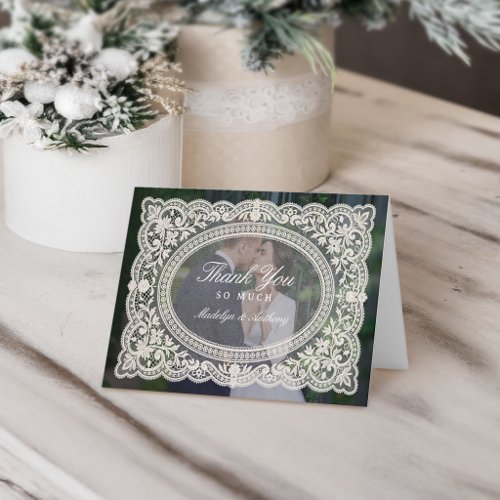 Elegant Vintage Floral Lace Frame Photo Wedding Thank You Card