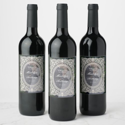 Elegant Vintage Floral Lace Frame Photo Wedding Wine Label