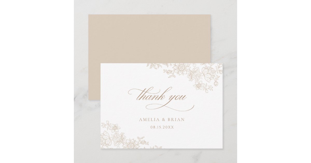 Elegant Vintage Floral Lace Neutral Script Wedding Thank You Card | Zazzle