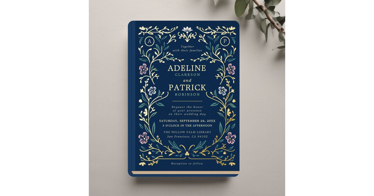 Elegant Vintage Floral Library Book Wedding Foil Invitation | Zazzle