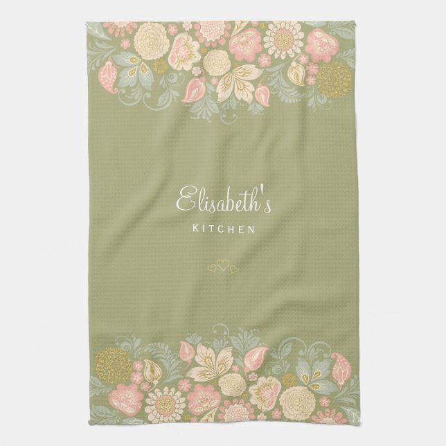 Elegant vintage floral light green kitchen towel (Vertical)