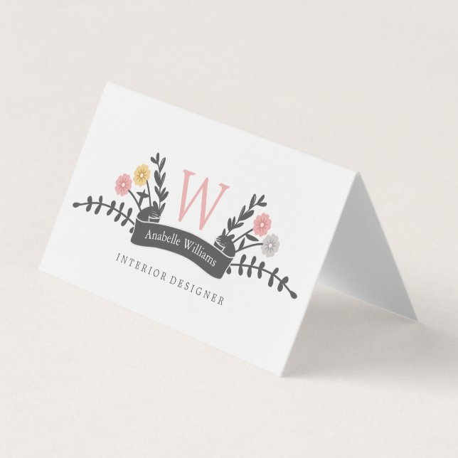 Elegant Vintage Floral Monogram Business Card (Front)