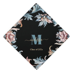 Elegant Vintage Floral  Monogram Class of 2025 Graduation Cap Topper