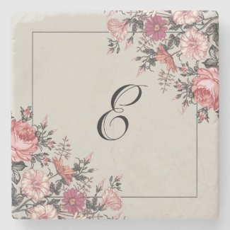 Elegant Vintage Floral Monogram Stone Coaster