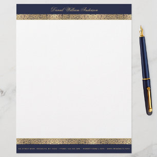 Elegant Vintage Floral Navy Blue Gold Roses Script Letterhead