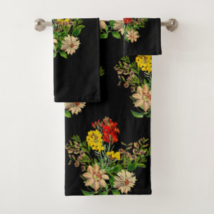 Elegant Vintage Floral on Black Bath Towel Set