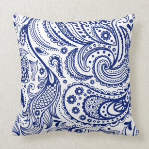 Elegant Vintage Floral Paisley-White Royal Blue Throw Pillow