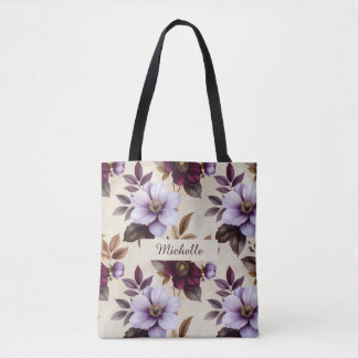 Elegant Vintage Floral Pattern in Purple Burgundy Tote Bag