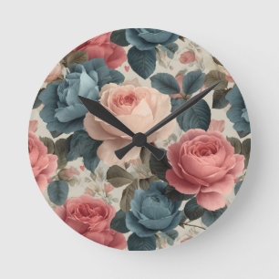 Elegant Vintage Floral Pattern with Roses Round Clock