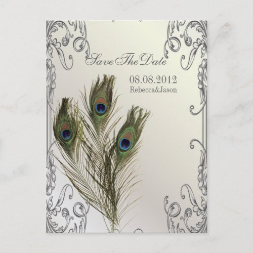 elegant vintage floral peacock Save the date Announcement Postcard