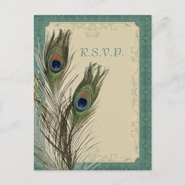 elegant vintage floral peacock wedding RSVP Invitation Postcard (Front)