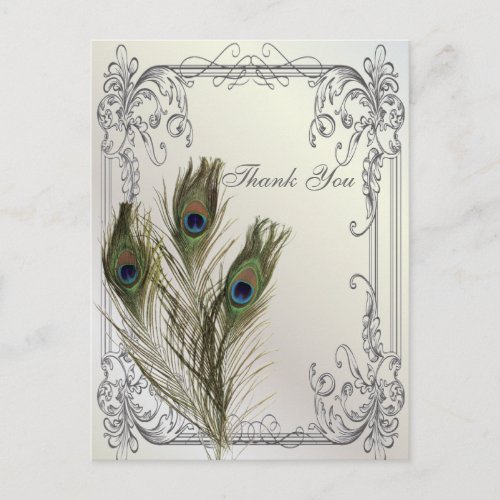 elegant vintage floral peacock wedding thank You Postcard