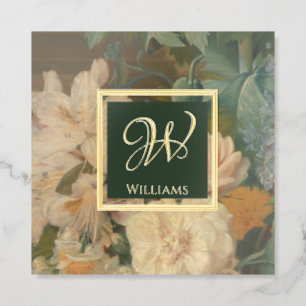 Elegant Vintage Floral pink green Monogram Foil Spot Gloss Business Cards