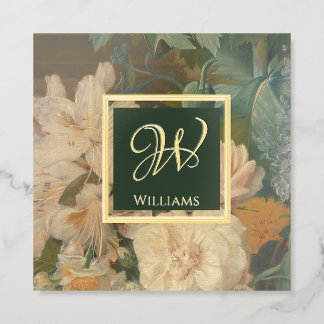 Elegant Vintage Floral pink green Monogram Foil Spot Gloss Business Cards