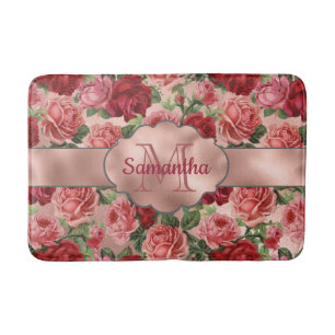 Elegant Vintage Floral Pink Rose Gold Monogrammed Bath Mat