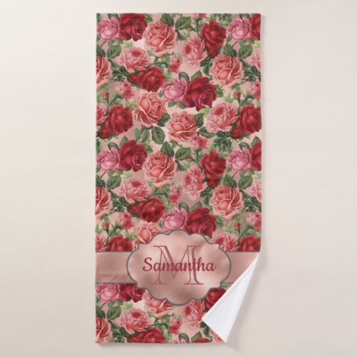 Elegant Vintage Floral Pink Rose Gold Monogrammed  Bath Towel