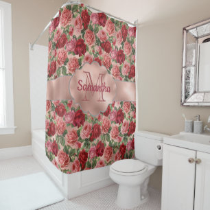 Elegant Vintage Floral Pink Rose Gold Monogrammed Shower Curtain