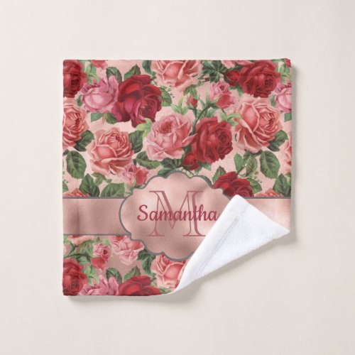 Elegant Vintage Floral Pink Rose Gold Monogrammed  Wash Cloth