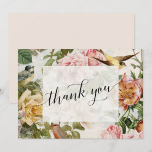 Elegant Vintage Floral Pink Roses Script Thank You Card
