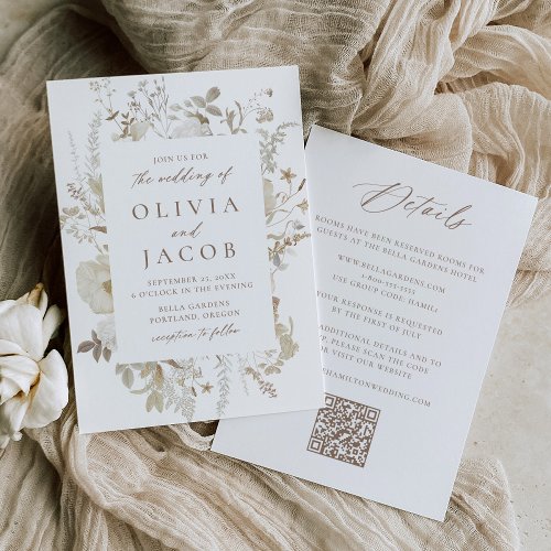 Elegant Vintage Floral QR Code All in One Wedding Invitation